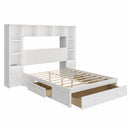 Full Size Pine Wood Platform Bed with All-In-One 2 Nightstand, Storage Shelf and Cabinet Bookcase with 2 Charging Stations, Multi-Functional Captain Bed Frame with 3 Drawers, No Box Spring Needed