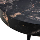 31.5' Black Marble-Patterned MDF Round Coffee Table with black Metal Legs.Adjustable Feet,Coffee table,Round Table Design,MDF Material,Black Marble Pattern.