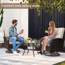 Two Outdoor Swivel Wicker Glider Patio Chairs With Table Set Brown Rattan And Beige Cushions
