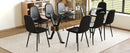 Table and chair set.79'x31.5' with X-shaped Black Metal Table Legs,Wood Grain Textured MDF Crossbeam.Paired With 8 Modern Mid-Century Style Upholstered Side Black PU Chairs.