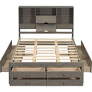 King Size Platform Bed with Storage Headboard and 8 Drawers, Gray