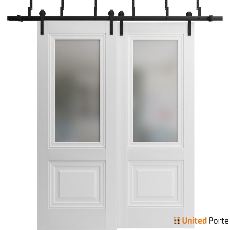 Lucia 8822 White Silk Double Barn Door with Frosted Glass and Black Bypass Rail