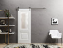 Lucia 8822 White Silk Barn Door with Frosted Glass and Silver Rail