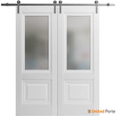 Lucia 8822 White Silk Double Barn Door with Frosted Glass and Silver Rail