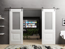 Lucia 8822 White Silk Double Barn Door with Frosted Glass and Silver Rail