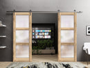 Lucia 2552 Oak Double Barn Door with Frosted Glass and Silver Rail