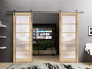 Quadro 4002 Oak Double Barn Door with Frosted Glass and Silver Rail