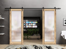 Planum 2102 Oak Double Barn Door with Frosted Glass and Black Rail