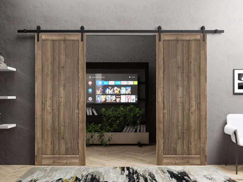 Quadro 4111 Walnut Double Barn Door and Black Rail