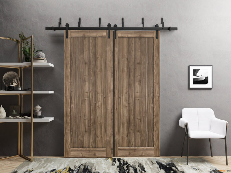 Quadro 4111 Walnut Double Barn Door and Black Bypass Rail