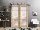 Quadro 4002 Oak Double Barn Door with Frosted Glass and Black Bypass Rail