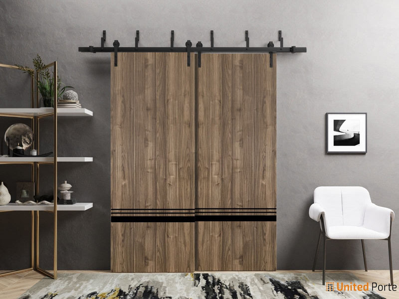 Planum 0012 Walnut Double Barn Door and Black Bypass Rail