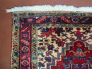 Persian Runner Rug, Heriz Runner Rug, Geometric Medallions, Red Cream Navy Blue Wool Hallway Rug 3.9 x 10.8 Antique Oriental Runner Handmade