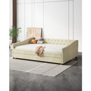 Full Size Daybed with Twin Size Trundle Upholstered Tufted Sofa Bed, with Button on Back and Copper Nail on Waved Shape Arms-Beige