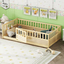 Twin Size Floor bed, integral construction with super high security barrier, door, children's floor bed frame, Montessori wooden children's floor bed,Natural Wood