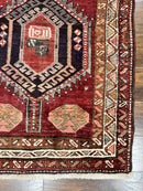 Persian Heriz Runner Rug 3.8 x 8.6, Geometric Design, Large Triple Medallions, Hand Knotted Handmade Vintage Wool Hallway Rug, Red