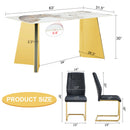Table and chair set.63'x31.5x30' Luxurious Pandora patterned Sintered Stone Tabletop with Golden Stainless Steel Butterfly Legs.Paried With 4 Black High-quality PU Chairs With Arched Metal Legs.
