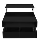 U-Can Lift-Top Coffee Table with 2 Drawers, Modern Square Coffee Table with Glass Top and High-Gloss Finish, Hidden Space and LED Lights for Living Room