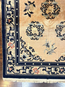 Chinese Peking Rug 4x6, Wool Hand Knotted Handmade Vintage Semi Antique Carpet, Semi Open Field, Light Peach & Navy Blue, Art Deco Rug