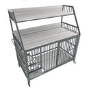 Large pet cage with storage rack, drawers with stainless steel food and water basins, double-layer storage rack made of iron frame and MDF material, sturdy, exquisite, and practical (black+smoke gray)