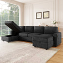 Convertible U-shaped Sectional Sofa with Storage Chaise Lounges and USB Ports, Black Twill Polyester, 103.9 Inches