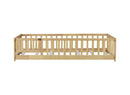 Twin Size Floor Bed with Fence and Door,Rubber Wood Floor Bed with Safety Guardrails,Natural