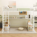 Full Size Metal Loft Bed with Desk, Storage Shelves and Charging Station, White