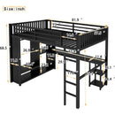 Full XL Size Loft Bed Frame with Built-in Wardrobe, Metal Loft Bed with Desk and Storage Shelves, Black