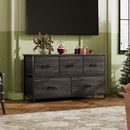 Charcoal Black Wood Grain Dresser With 5 Drawers And Fabric Bins