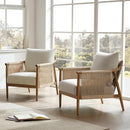 Cream Braided Accent Armchair With Wooden Armrests