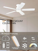 52 Inch Flush Mount Ceiling Fan Remote App Control