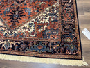 Heriz Rug 5.6 x 8, Geometric Medallion, Wool Oriental Carpet, Tribal Boho Rug, Red Navy Blue Cream, Belgium Power Loomed Rug, Medium Sized