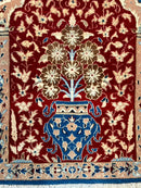 Small Persian Nain Rug, Persian Vase Tree of Life Design, Red and Blue, Very Fine 260 KPSI, Wool and Silk Highlights