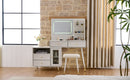 Modern Makeup Vanity Desk with Mirror and Lights, Retractable Dressing Table with Drawers and Cabinet, Compact Makeup Table Set with Power Outlet for Bedroom, White