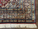 Indian Kashmiri Silk Rug 6x9, Red and Navy Blue, Floral Medallion, Fine 275 KPSI