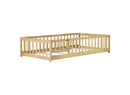 Twin Size Floor Bed with Fence and Door,Rubber Wood Floor Bed with Safety Guardrails,Natural