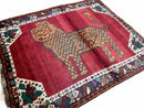 Antique Persian Gabbeh Wool Rug 4x5, Lion Pictorial Rug, Red Orange Black, Hand Knotted Handmade Vintage Gabbeh Carpet 4 x 5 ft, Tribal Rug