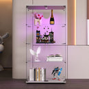 Two-door LED lights  Glass Display Cabinet 4 Shelves with Door, Floor Standing Curio Bookshelf for Living Room Bedroom Office, 64.7'*31.7'*14.3', White