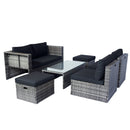 6 Piece Patio Wicker Sectional Set Patio Backyard Conversation Set Space Saving Grey Wicker + Black Cushion