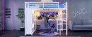Queen Size Loft Bed Frame with Built-in Wardrobe, Metal Loft Bed with Desk and Storage Shelves, White