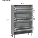 Narrow Design Shoe Cabinet with 3 Flip Drawers, Wood Grain Pattern Top Entryway Organizer with 3 Hooks, Free Standing Shoe Rack with Adjustable Panel for Hallway, Grey