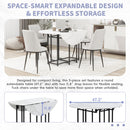 TOPMAX Space-Saving 5-Piece Extendable Kitchen Dining Table Set for Small Spaces - Round Faux Marble Top with Black Frame, 4 Upholstered Chairs, Compact Foldable Design,White+Beige