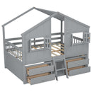 Full Size House Loft Bed with Roof, Windows,4 Storage Drawers,Pine Wooden Bed with Safety Guardrails,Ladder,Grey