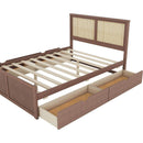 Queen Size Wood Storage Platform Bed with 4 Drawers, Rattan Headboard, Espresso