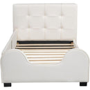 Twin Size Upholstered Platform Bed with Guardrail, White