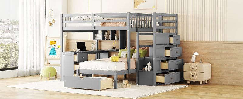 Full Over Twin Bunk Bed with Desk, Drawers and Shelves, Gray