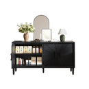 60' Premium Rustic American Farmhouse Credenza in Elegant Black - Symmetrical Sunburst Door Design, Heavy-Duty TV Stand with Adjustable Shelves, Black Wood Storage Cabinet