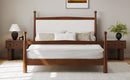 Mid-Century Modern Queen Size Solid Pine Wood Platform Bed with Upholstered Headboard in Boucle, No Box Spring Needed, Brown