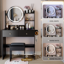 17' Round LED Mirror Vanity Table+Cushioned Stool, Equipped With 2 AC+2 USB Power Socket, Big Mirror, Touch Switch, 3 Colors, Adjustable Brightness, Large Desktop, Multi-layer High Capacity Storage