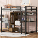 Full Size Metal Loft Bed with Built-in Wardrobe, Drawer, Desk and Shelves, Black